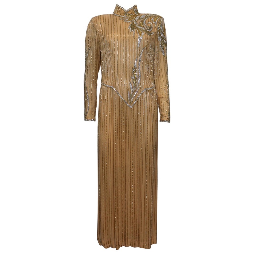 Bob Mackie High Collar Long Sleeve Orange Peach Sequin Beaded Gown Circa 1990s